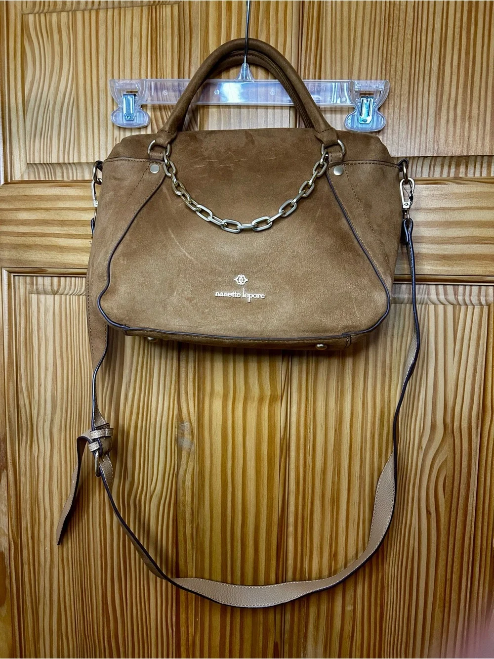 Nanette Lepore Brown Suede Tote with Gold Chain Accent